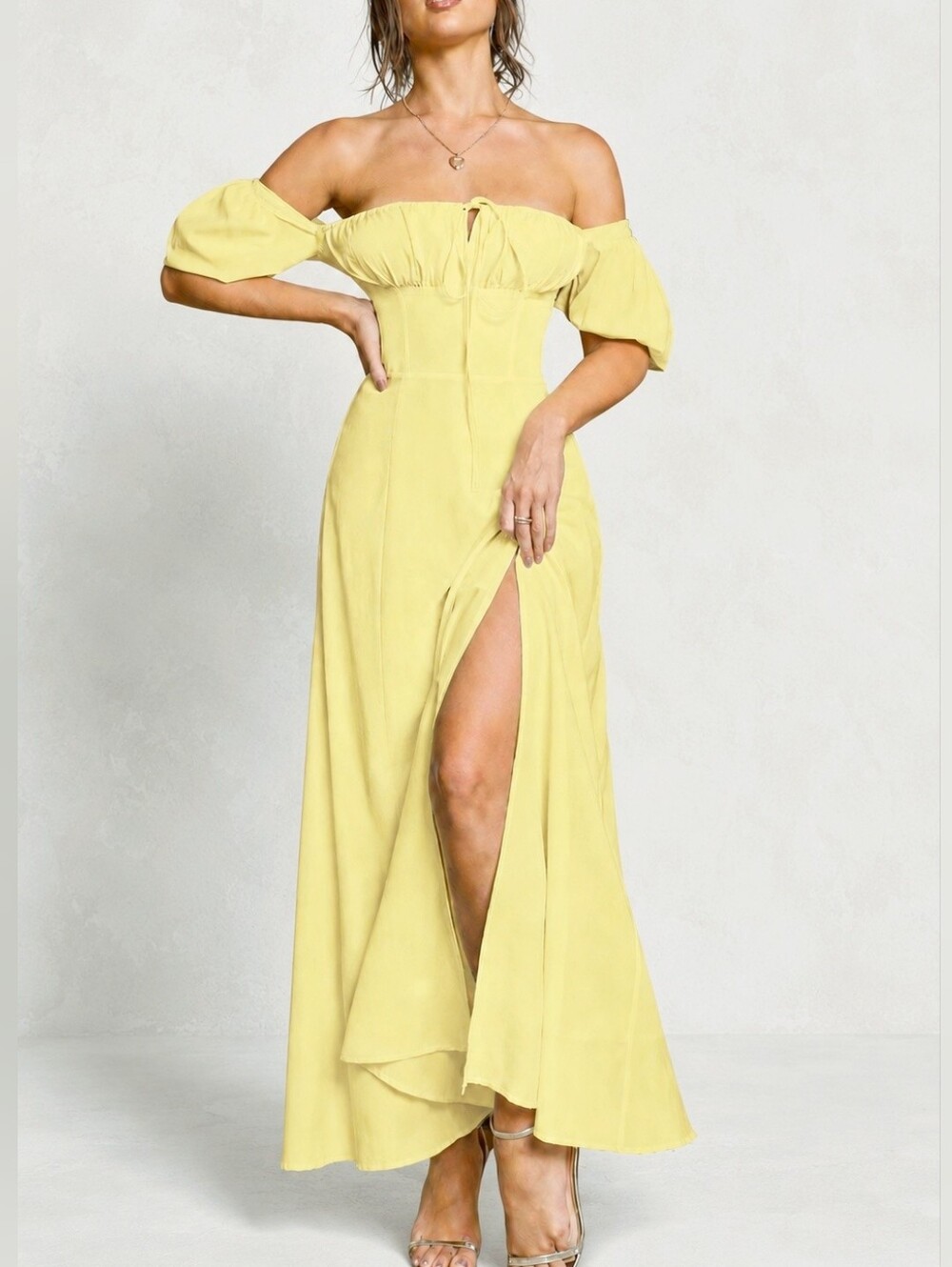 New Vintage Milkmaid Look Maxi Dress Tie Ruched Top Split Yellow